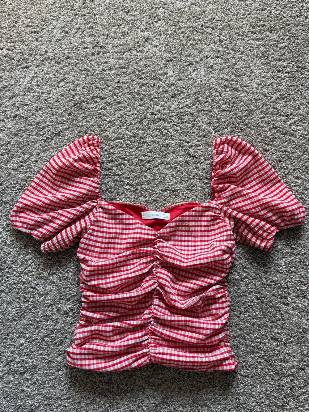 Mango Red & White Gingham Ruched Puff-Sleeve Top